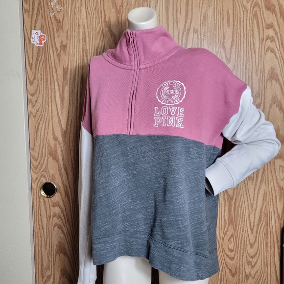 PINK Victoria's Secret Sweaters - PINK Victoria's Secret Half-zip Sweatshirt LOVE PINK gray pink white
